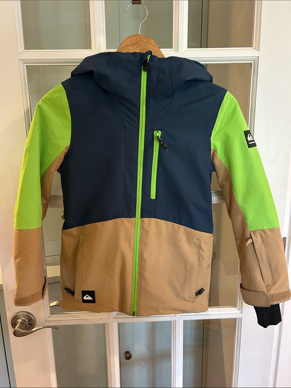 Quiksilver Navy, Lime & Tan Colorblock Hooded Jacket kids 8/xs